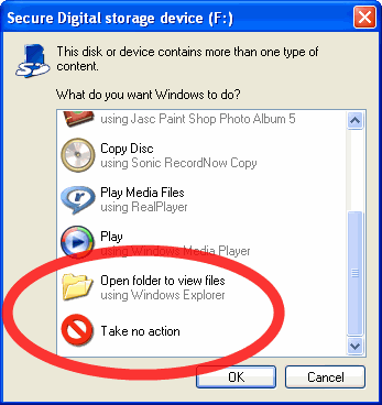 Windows card reader options window