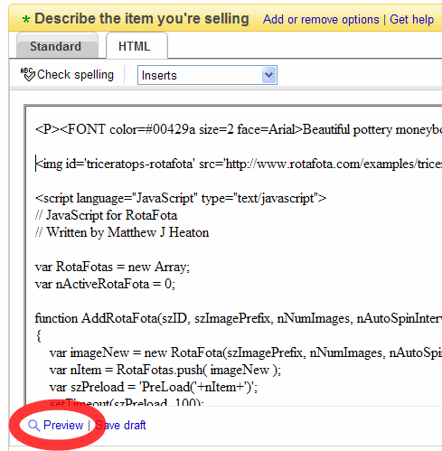 RotaFota HTML pasted into ebay description