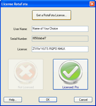 RotaFota License window showing Pro License