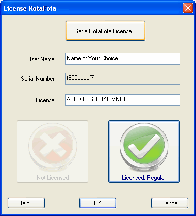 RotaFota License dialog showing Regular License
